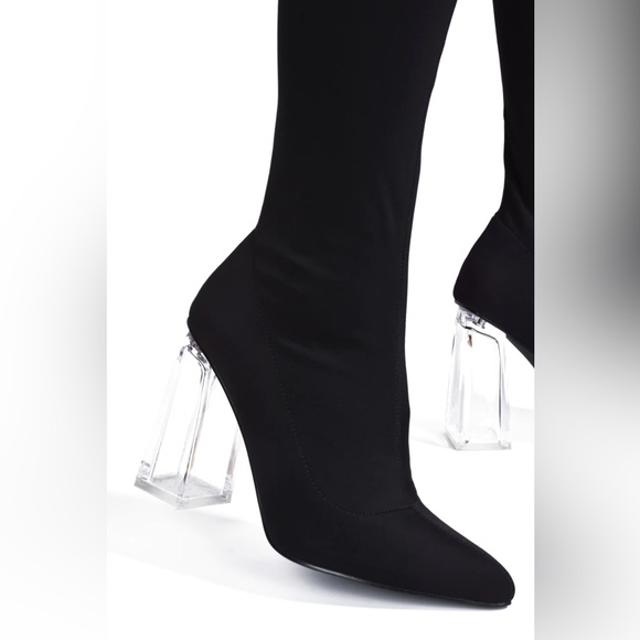 Black High Knee Clear Heeled Boot - Picture 4 of 6